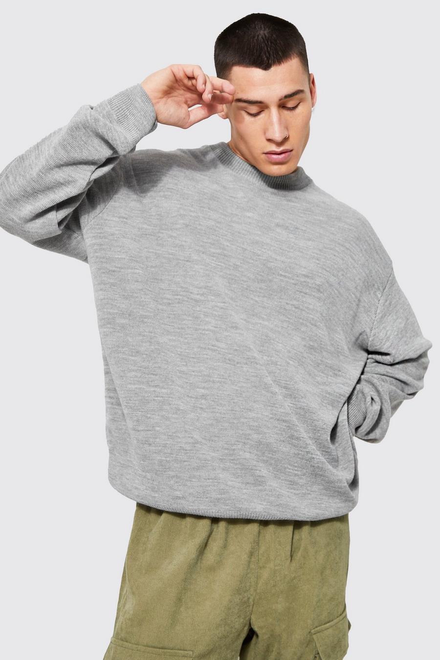 Grey marl Oversized Crew Neck Knitted Jumper image number 1