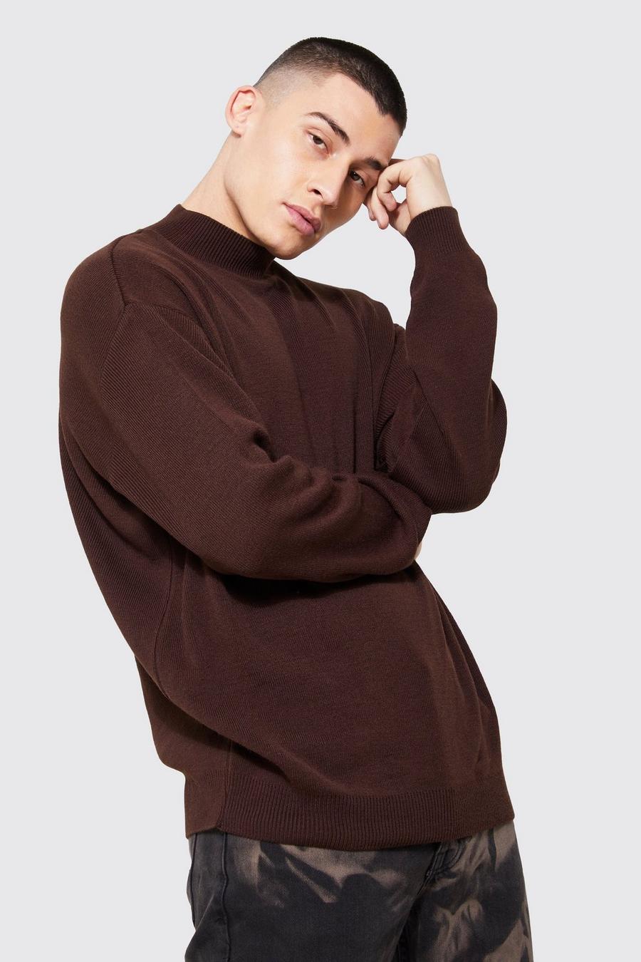Chocolate Oversized Funnel Neck Knitted Jumper image number 1