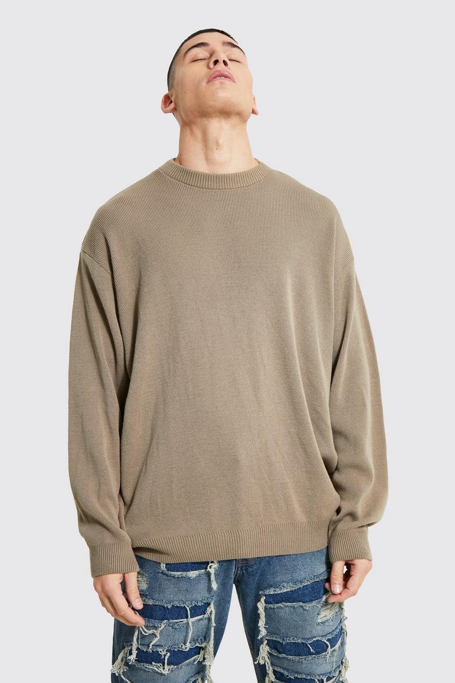 Taupe Oversized Crew Neck Knitted Jumper image number 1