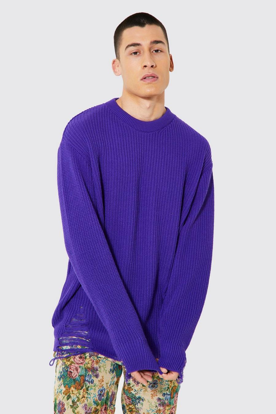 Purple Oversized Ribbed Distressed Knitted Jumper image number 1