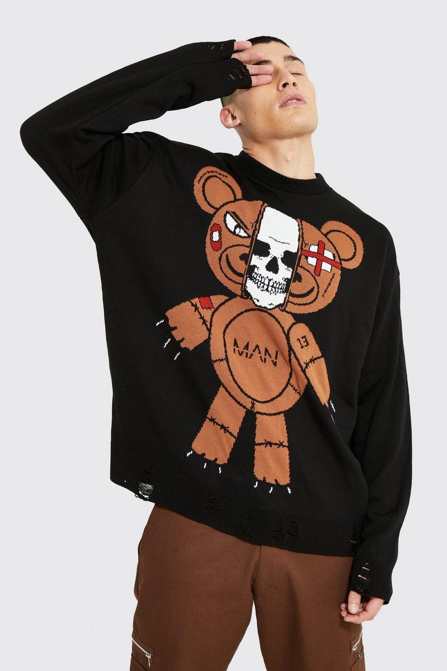 Black Oversized Distress Teddy Graphic Knit Jumper image number 1