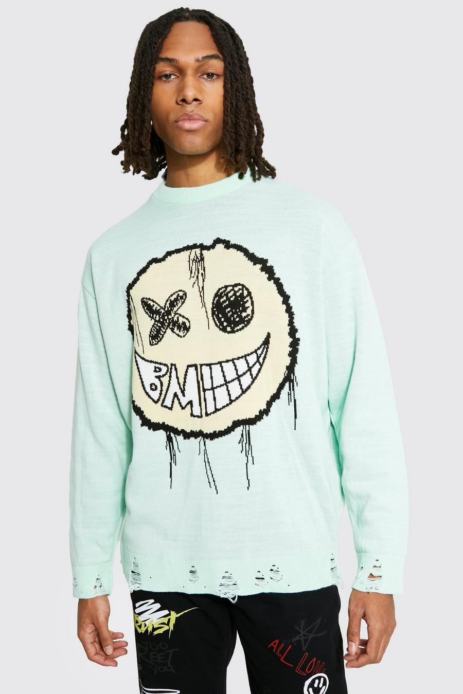 Sage Oversized Distress Drip Face Knitted Jumper image number 1