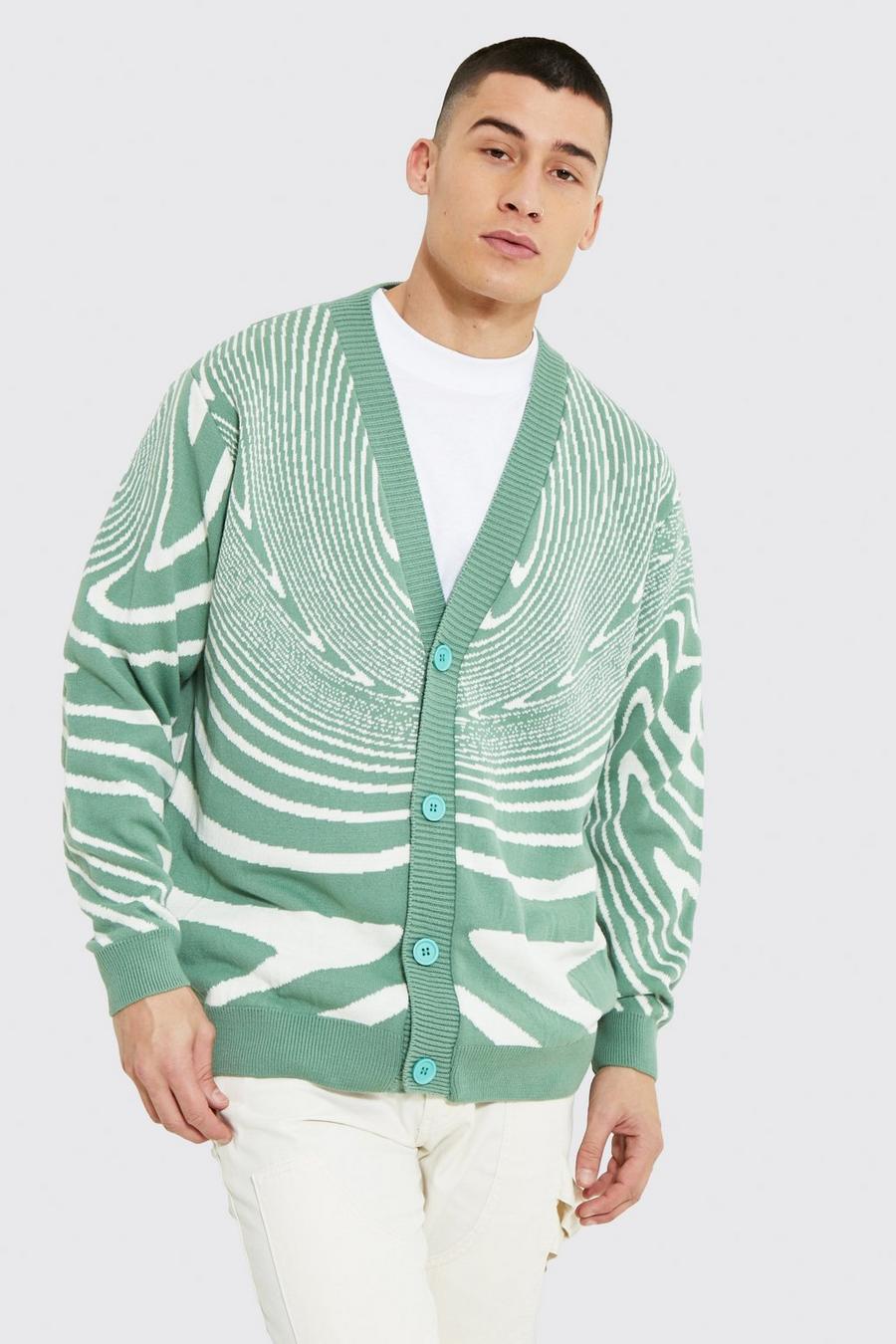 Sage green Oversized Knit Psychedelic Pattern Cardigan image number 1