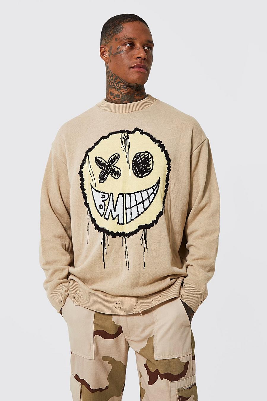 Sand Oversized Distressed Drip Face Knitted Jumper image number 1