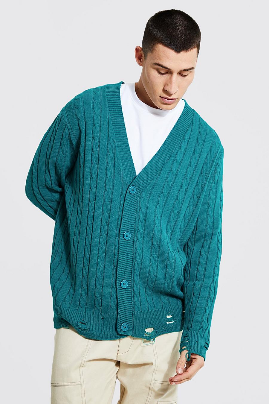 Green Oversized Cable Knitted Distressed Cardigan image number 1