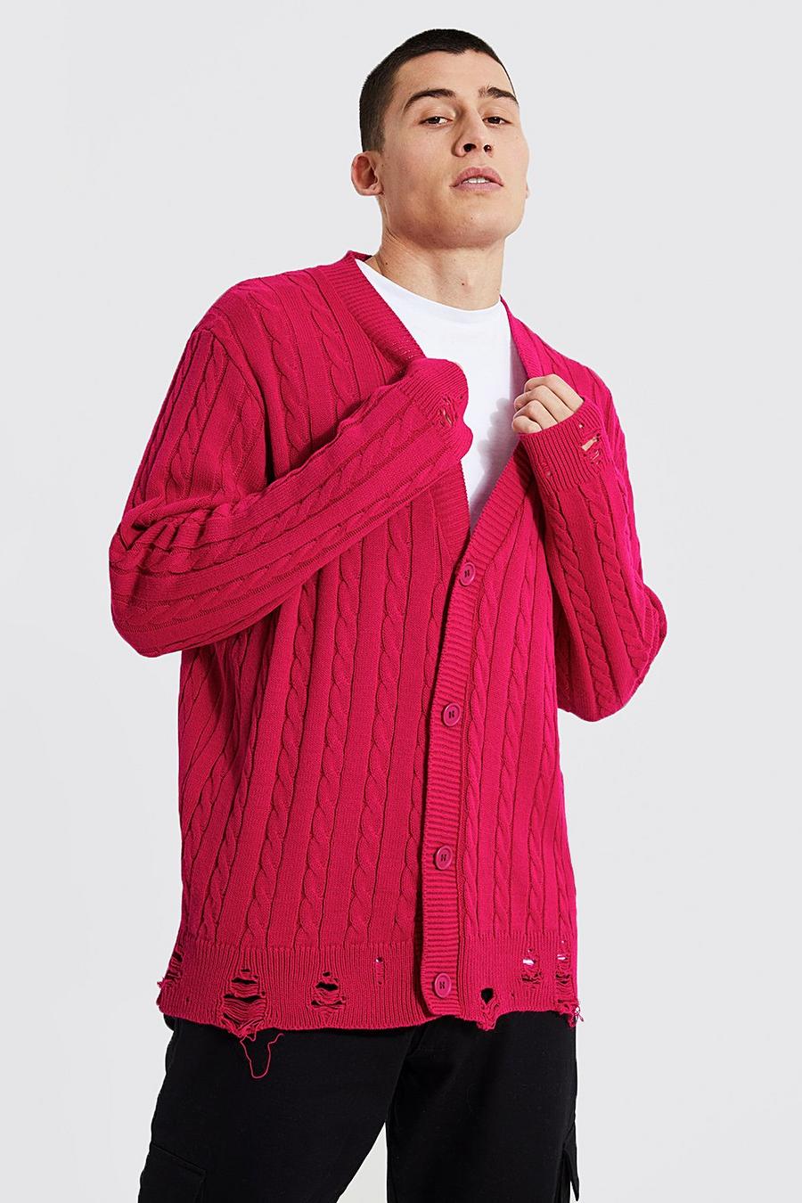 Pink Oversized Cable Knitted Distressed Cardigan image number 1