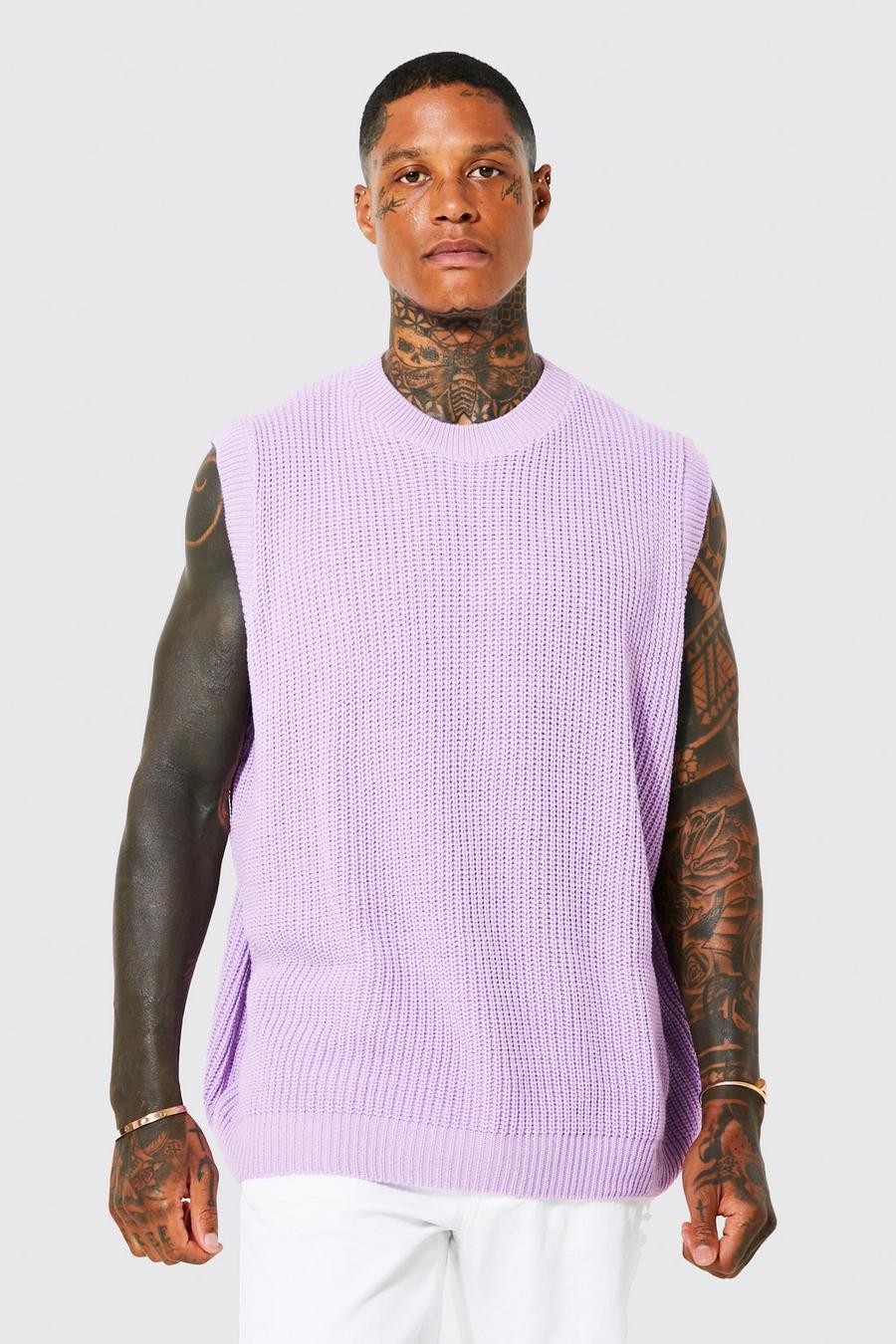 Lilac Oversized Ribbed Crew Neck Knitted Vest image number 1