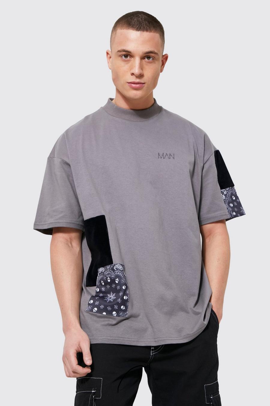 T-shirt oversize effetto patchwork con girocollo esteso, Charcoal grigio