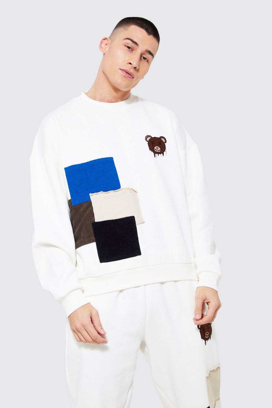 Ecru white Oversized Patchwork Bear Sweatshirt