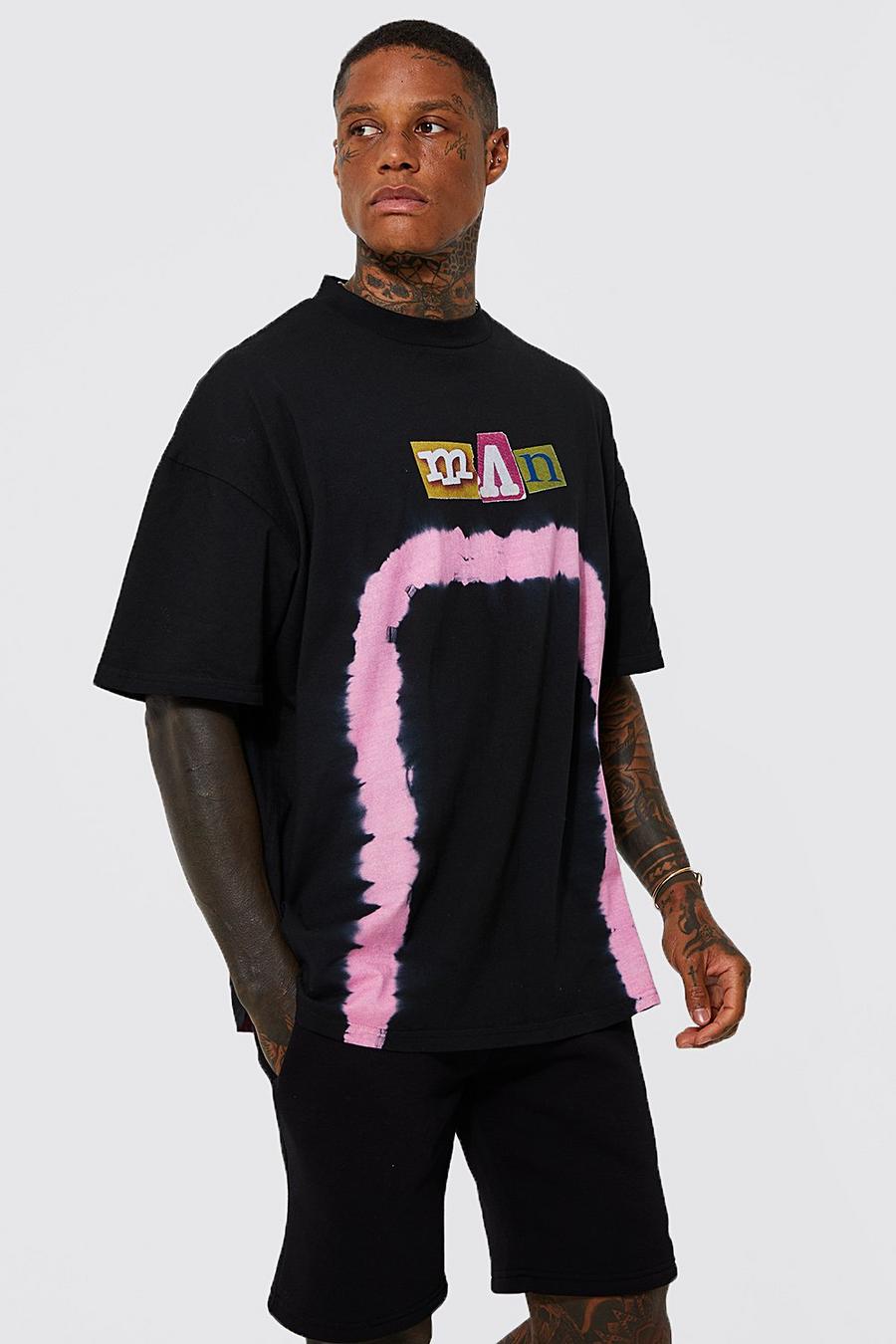 Black Oversized Print Tie Dye Extended Neck T-shirt