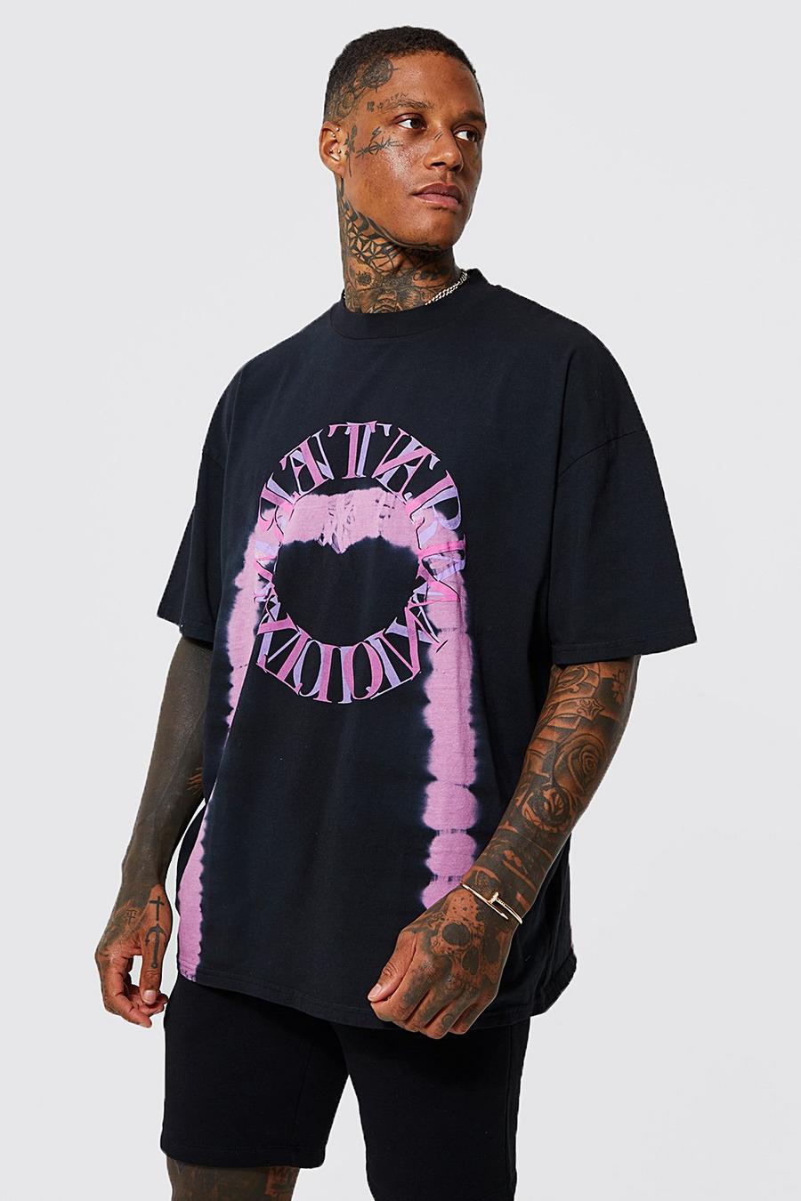 T-shirt oversize in fantasia tie dye con girocollo esteso, Black negro
