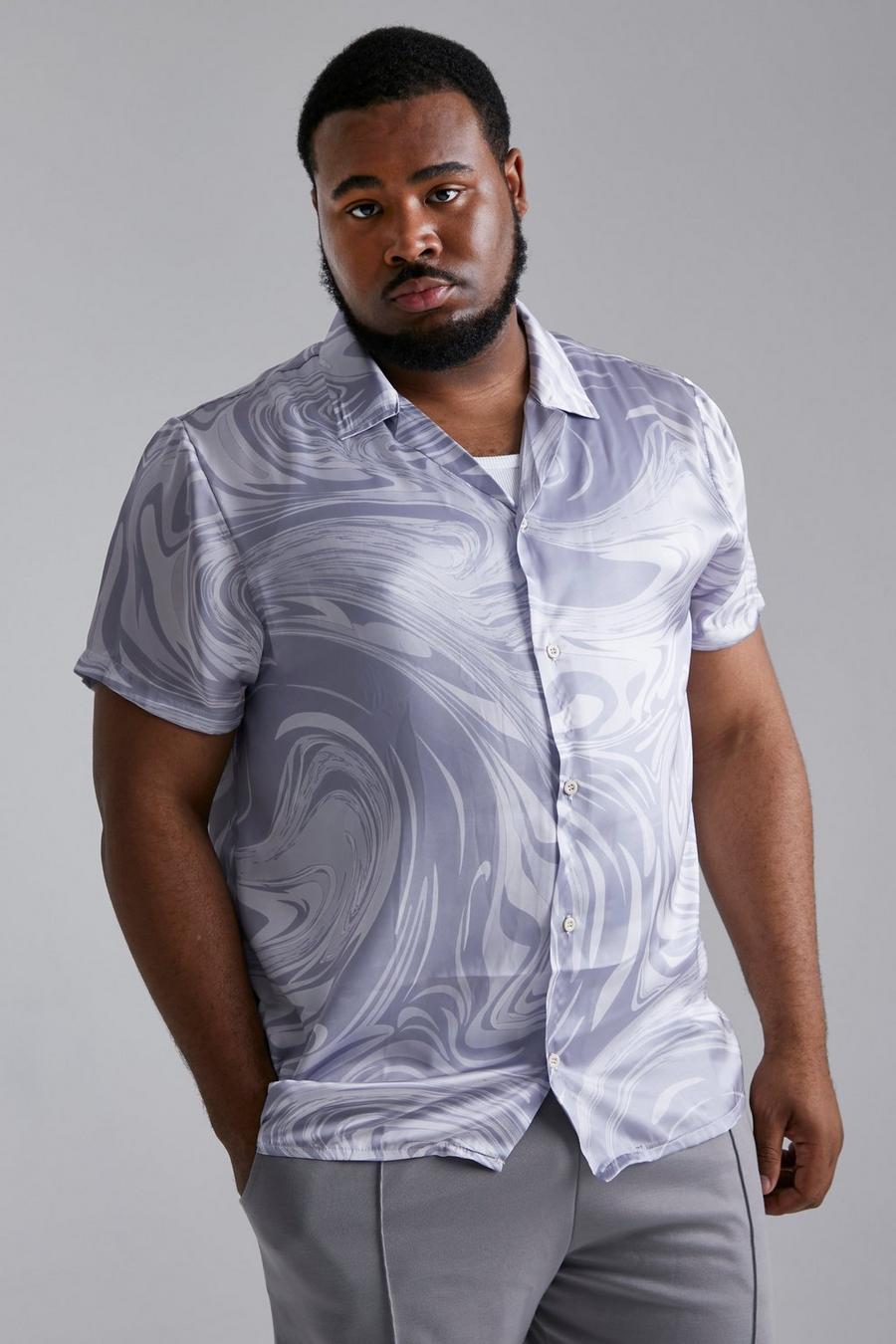Grey Plus - Kortärmad mönstrad satinskjorta med bowlingkrage image number 1