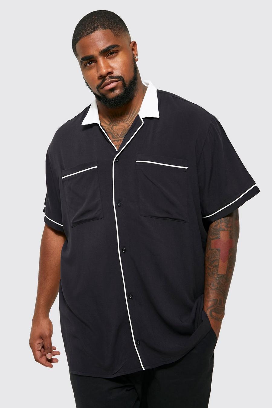 Black Plus Short Sleeve Viscose Bowling Shirt image number 1