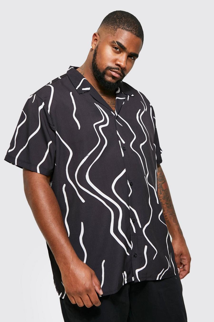 Camicia Plus Size a maniche corte con stampa di linee ondulate e rever, Black nero image number 1