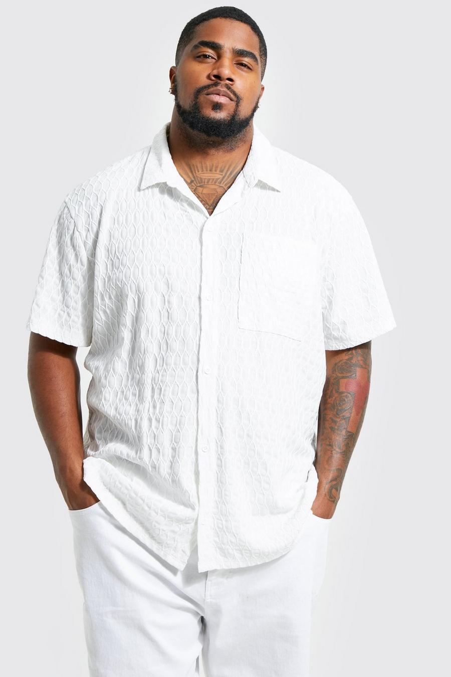 Camicia Plus Size a maniche corte con trama in rilievo e motivi geometrici, White bianco image number 1