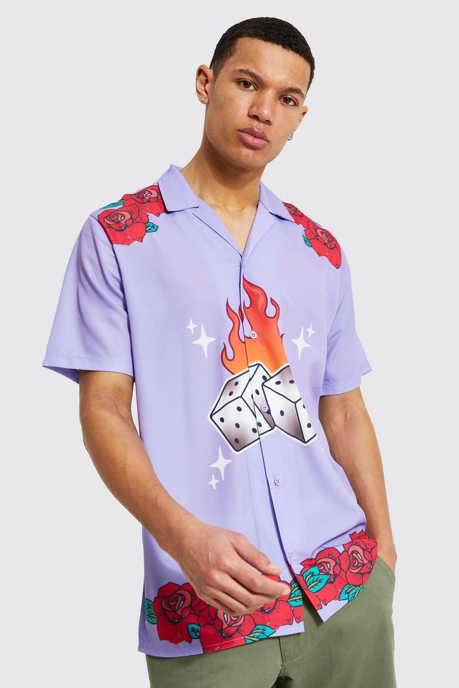 Camisa Tall de manga corta con solapas y estampado de dados, Lilac image number 1