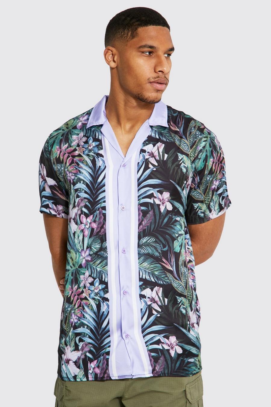 Camisa Tall de raso y manga corta con filo de palmeras, Multi multicolor