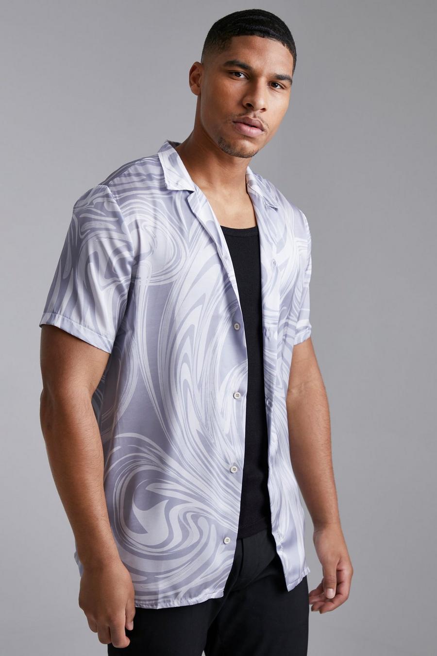 Grey Tall Short Sleeve Revere Satin Marble Shirt image number 1