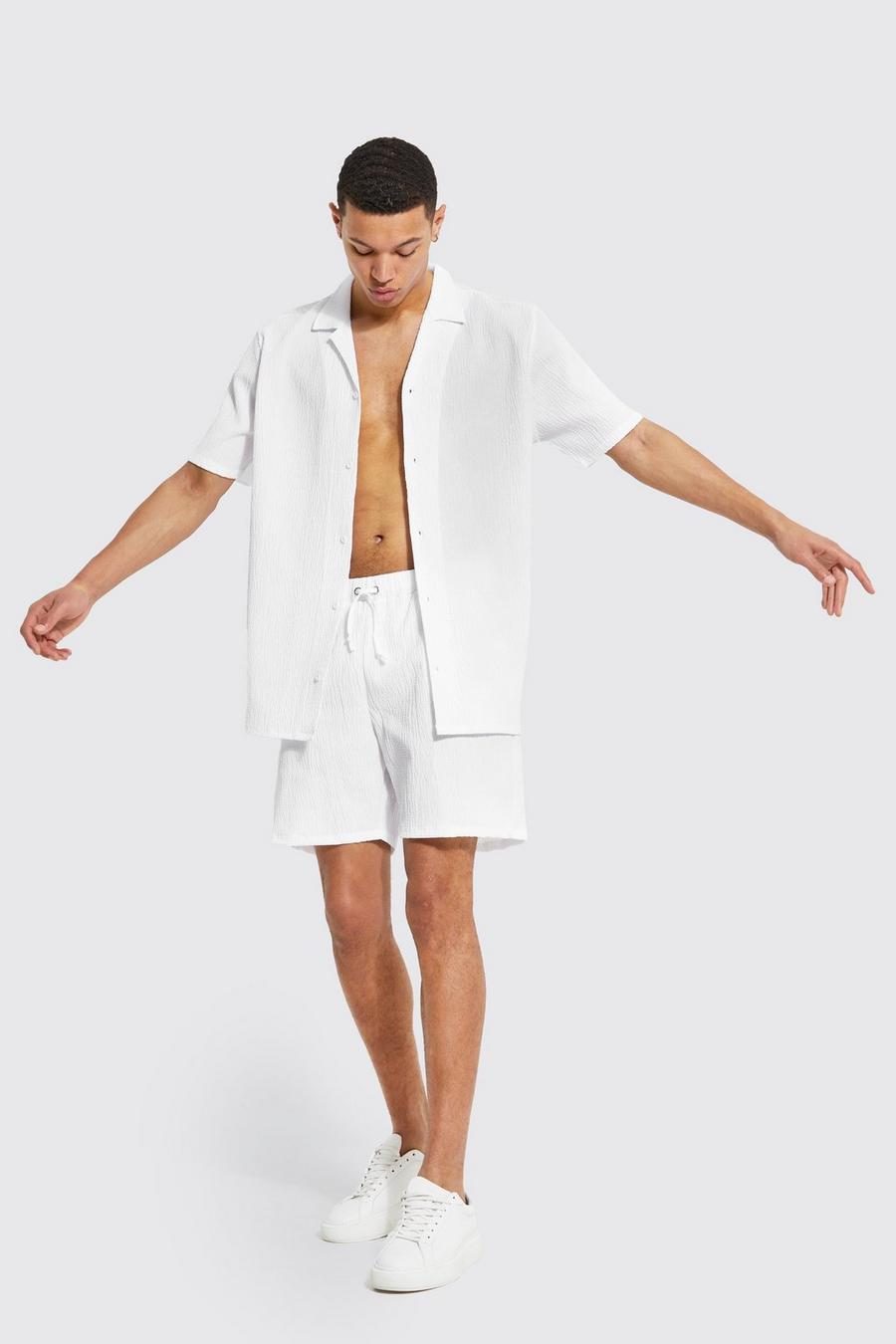 Tall kurzärmliges Hemd und Shorts in Knitteroptik, White image number 1