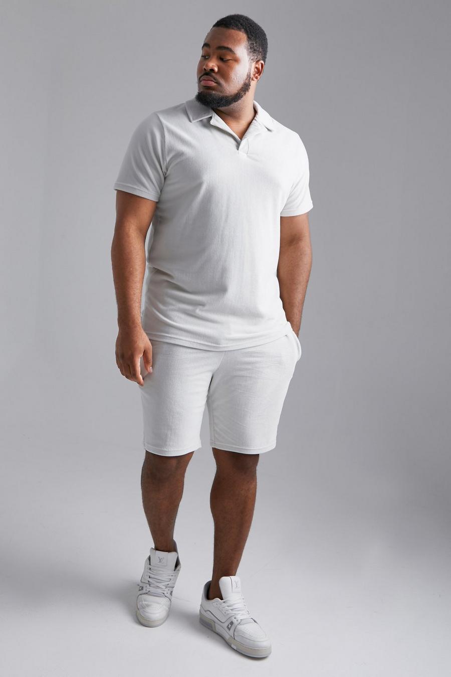 Light grey Plus Ribbed Velour Polo And Short Set  image number 1
