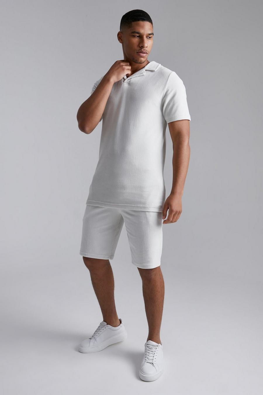 Light grey Tall Ribbed Velour Polo And  Short Set  image number 1
