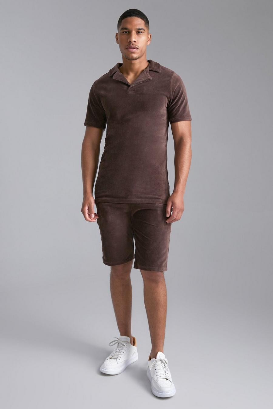 Chocolate Tall Ribbed Velour Polo And Short Set  image number 1