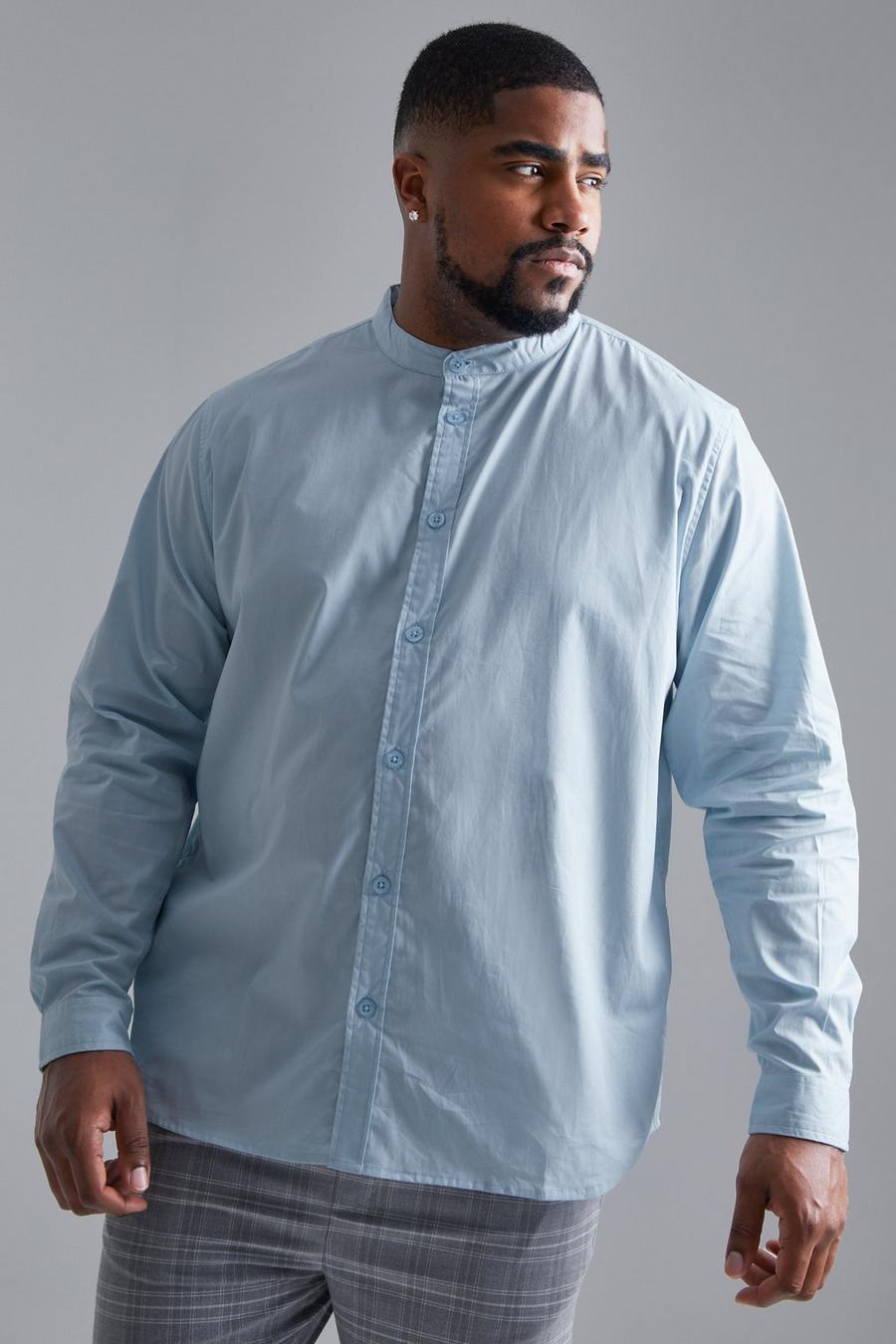Light blue Plus - Långärmad skjorta i poplin med farfarskrage image number 1