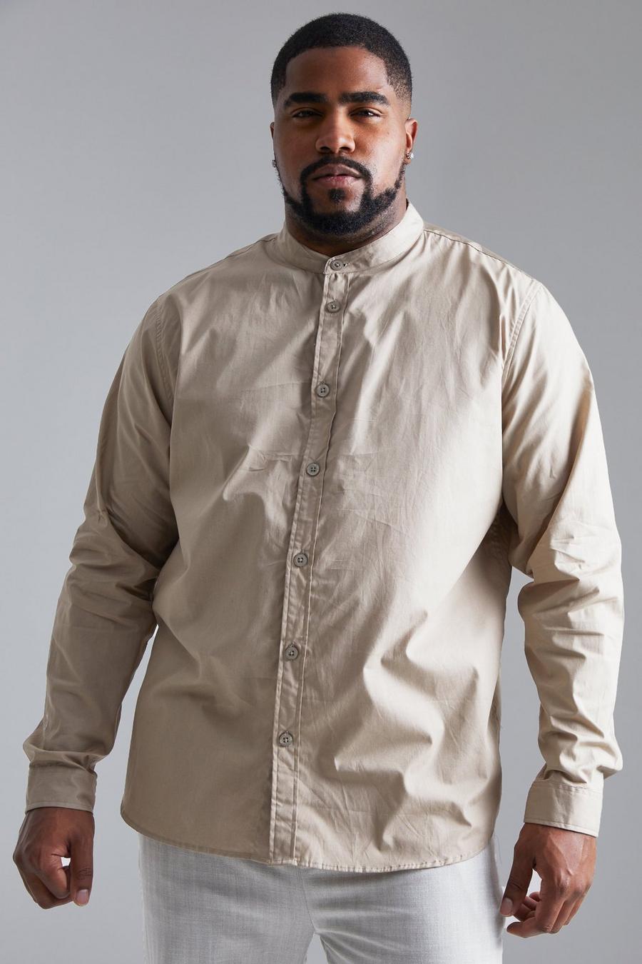 Taupe beige Plus - Långärmad skjorta i poplin med farfarskrage