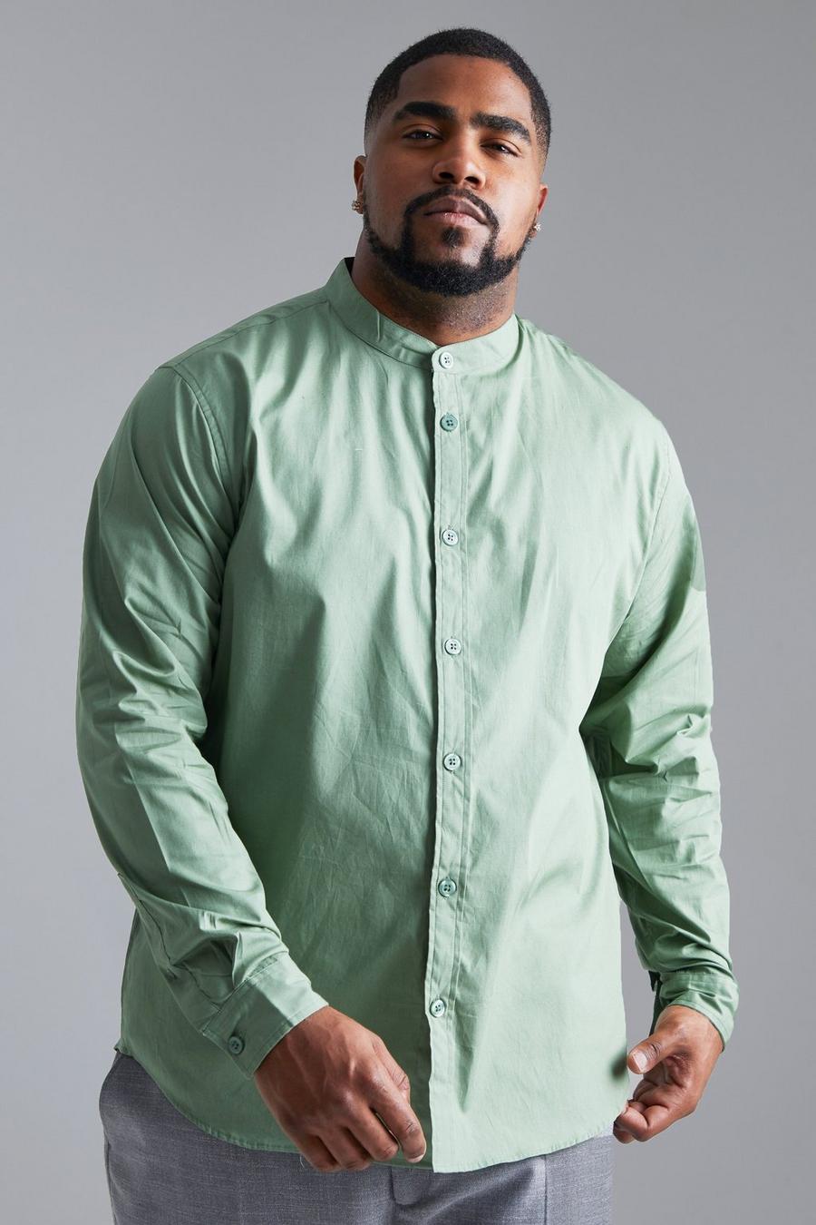 Camicia Plus Size a maniche lunghe in popeline con colletto serafino, Sage green
