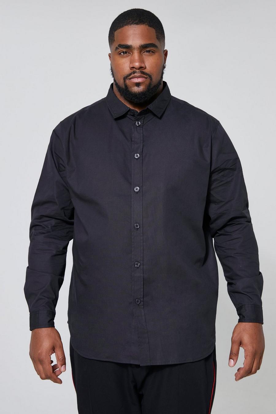 שחור חולצת פופלין עם שרוולים ארוכים וצווארון עם דשים קצרים, מידות גדולות