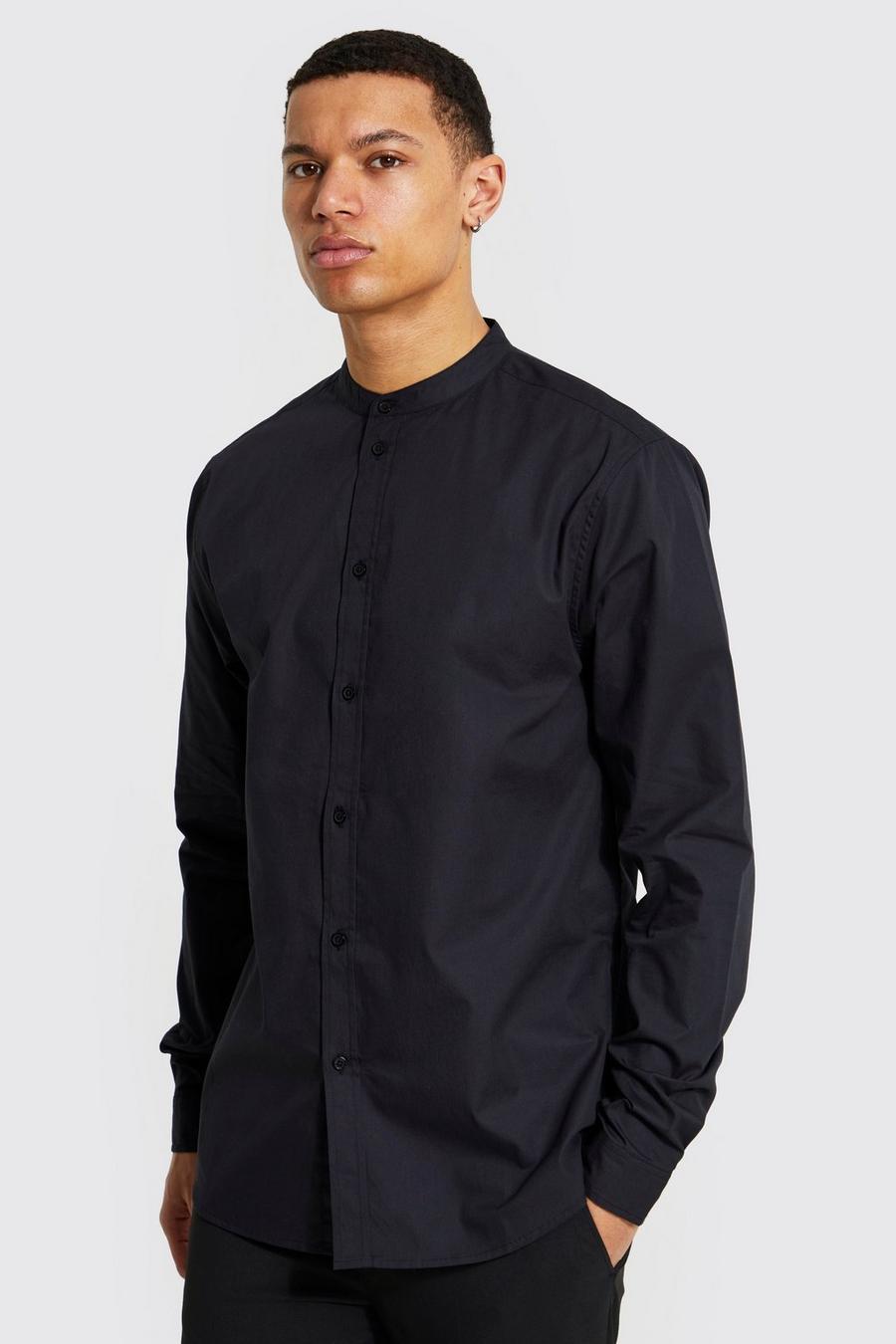Black svart Tall Long Sleeve Grandad Collar Poplin Shirt