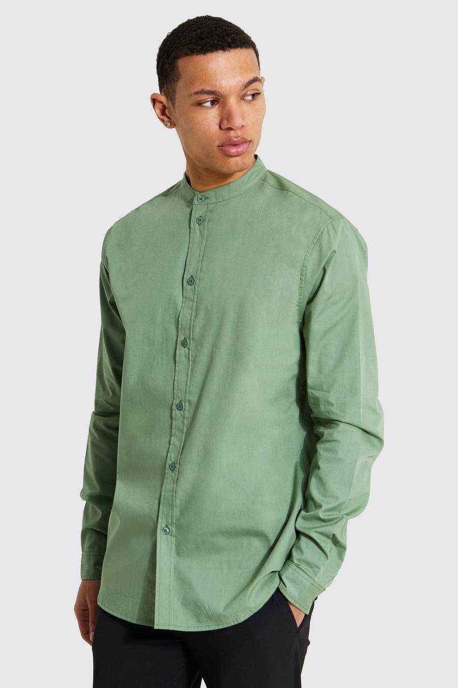Camicia Tall a maniche lunghe in popeline con colletto serafino, Sage verde