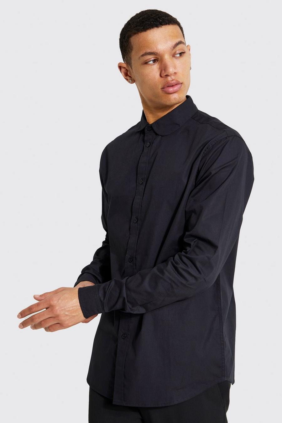Camicia Tall a maniche lunghe in popeline con colletto smussato, Black negro image number 1