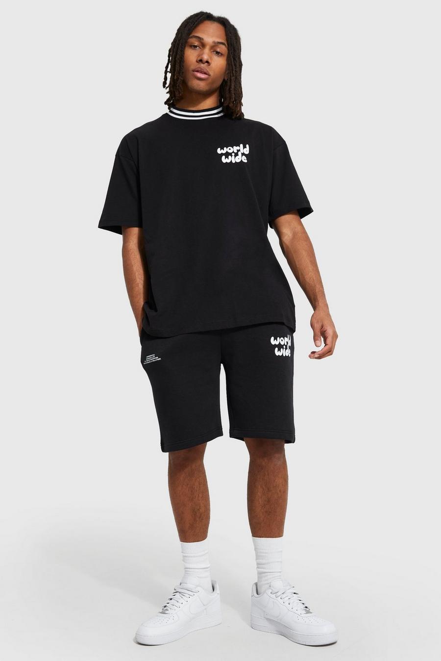 Black Oversized Sports Geribbelde T-Shirt En Shorts Set image number 1