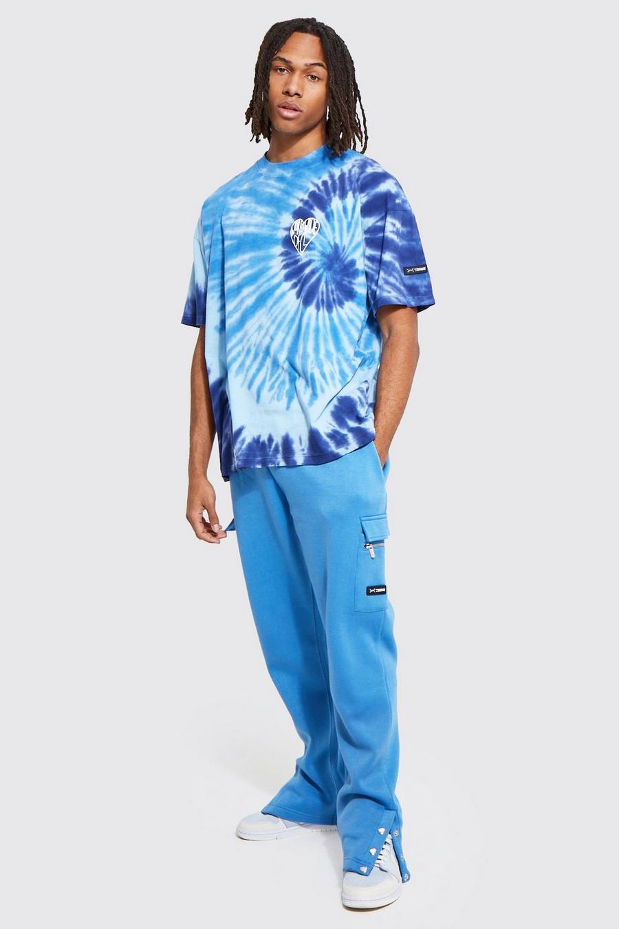 Ensemble oversize effet tie dye avec t-shirt et jogging cargo, Blue image number 1