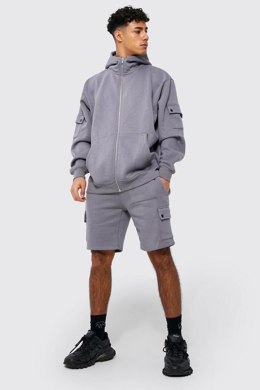 Charcoal grey Oversized Cargo Funnel Hooded Short Tracksuit