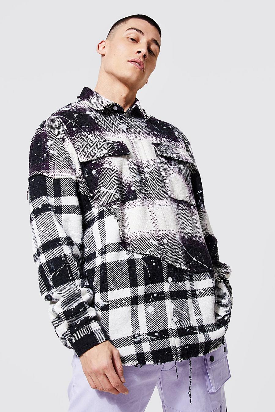 Black Oversized Check Spliced Distressed Shirt image number 1