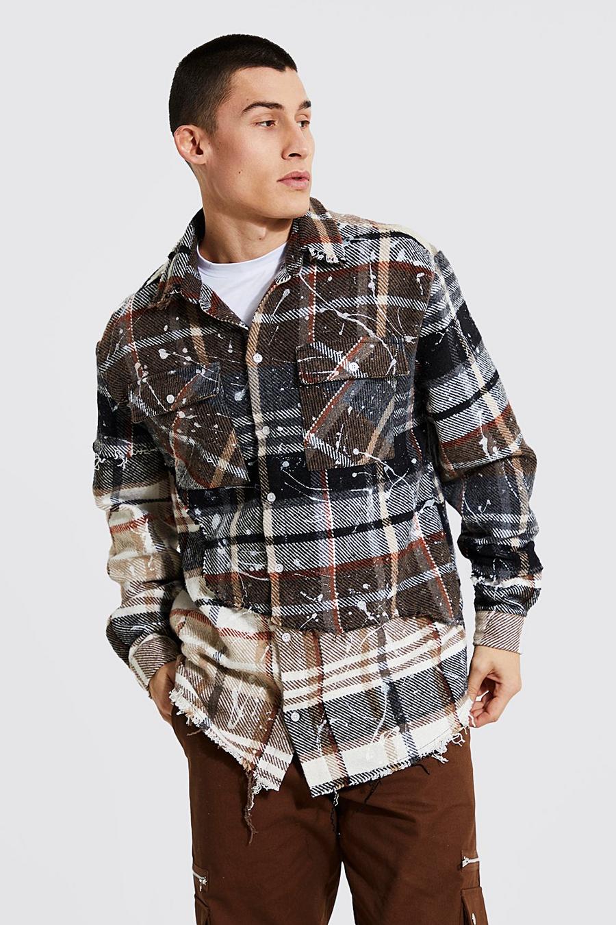 Brown marron Oversized Check Spliced Distressed Shirt