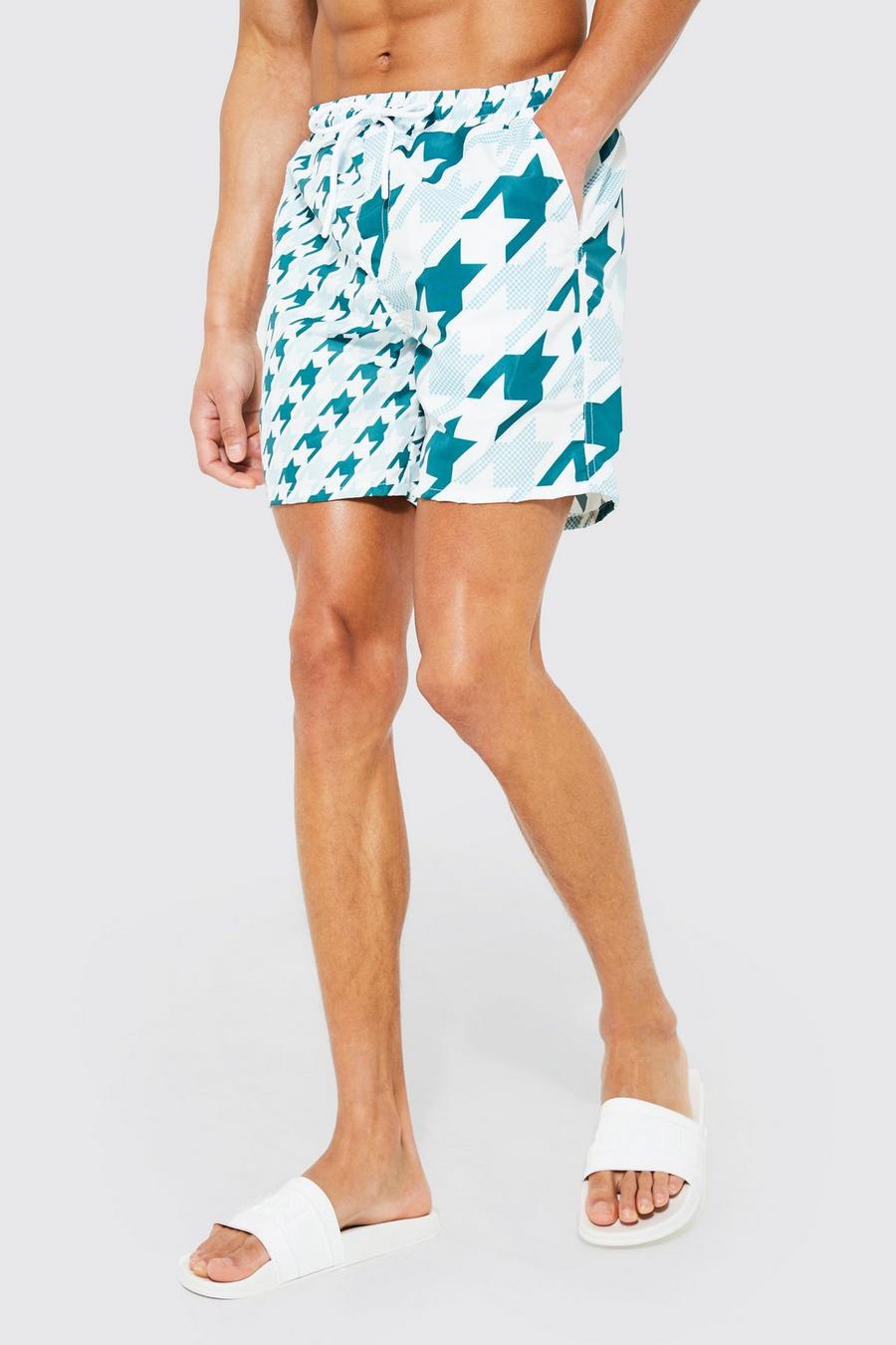 Teal Spliced Dogtooth Mid Length Swim Shorts image number 1