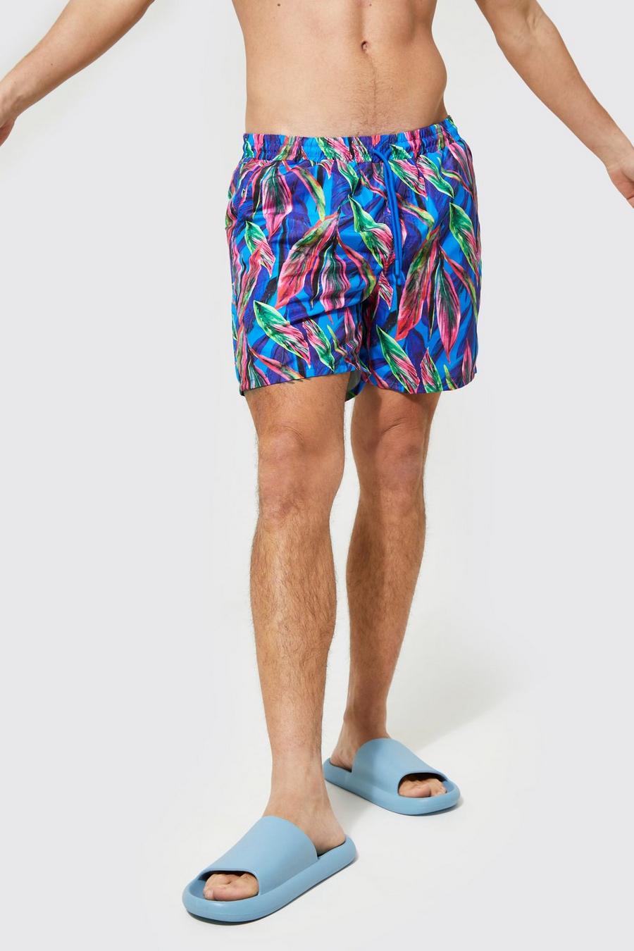 Cobalt blau Tropical Floral Mid Length Swim Shorts
