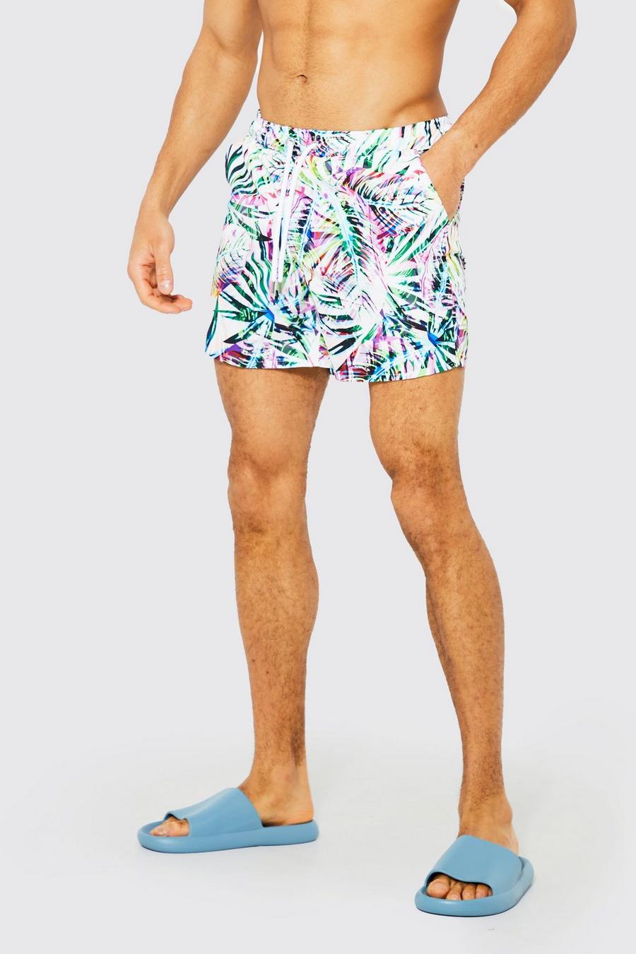 Light blue Tropical Palm Print Mid Length Swim Shorts image number 1