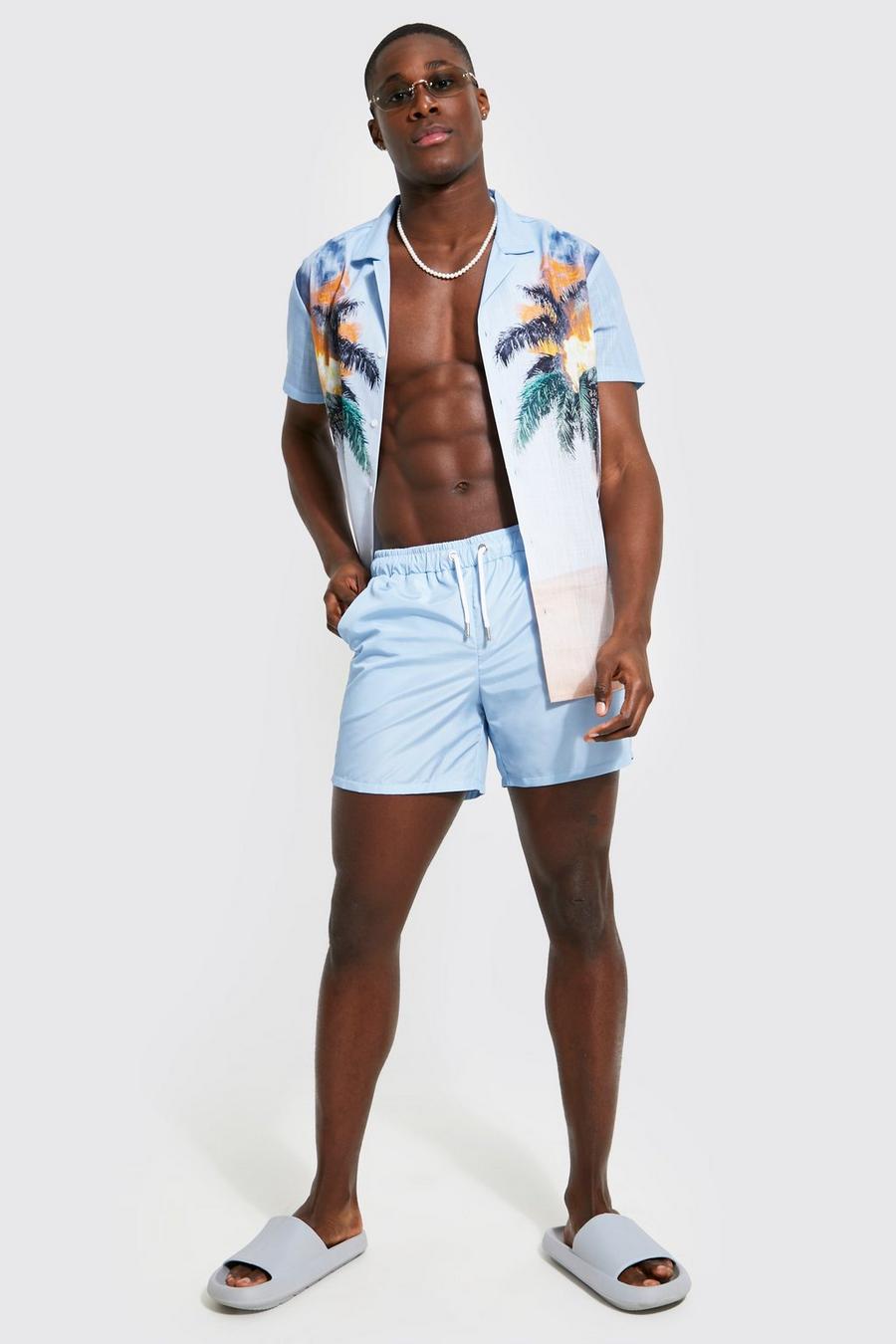 Light blue Textured Palm Graphic Shirt And Swims Set image number 1