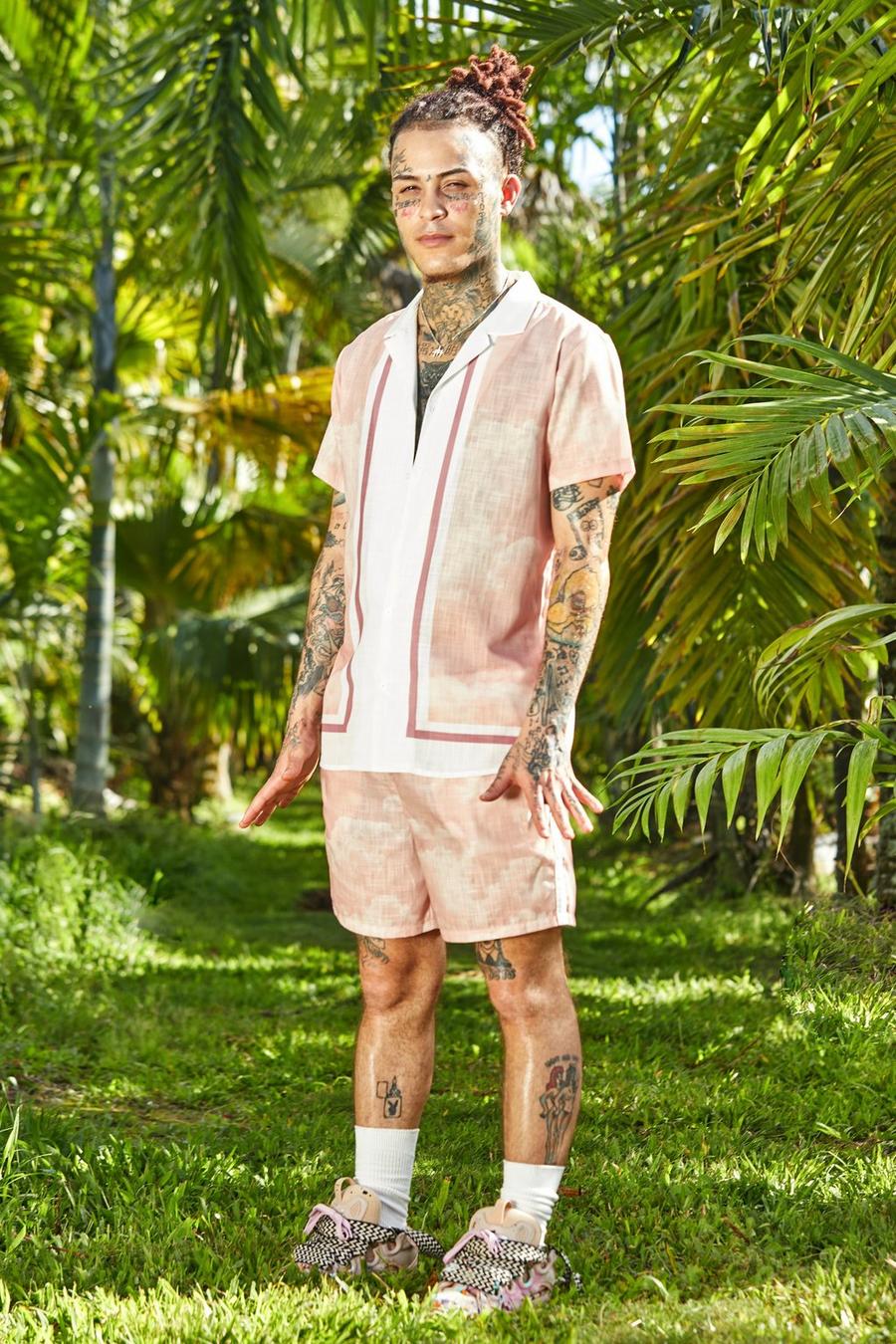 Light pink Textured Cloud Border Shirt And Shorts Set image number 1