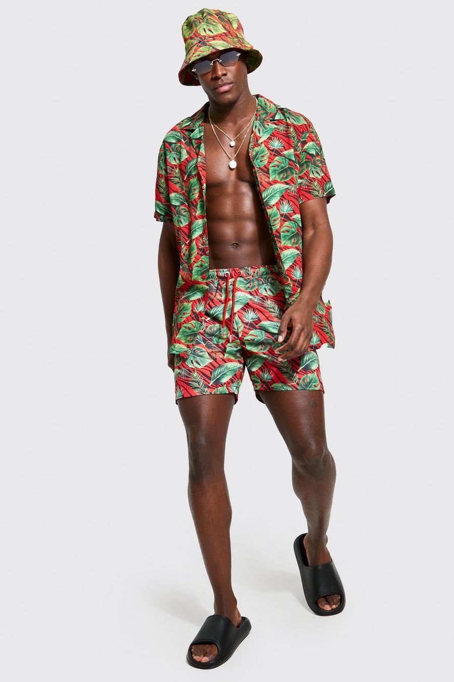 Red Viscose Palm Animal Print Shirt And Swims Set image number 1