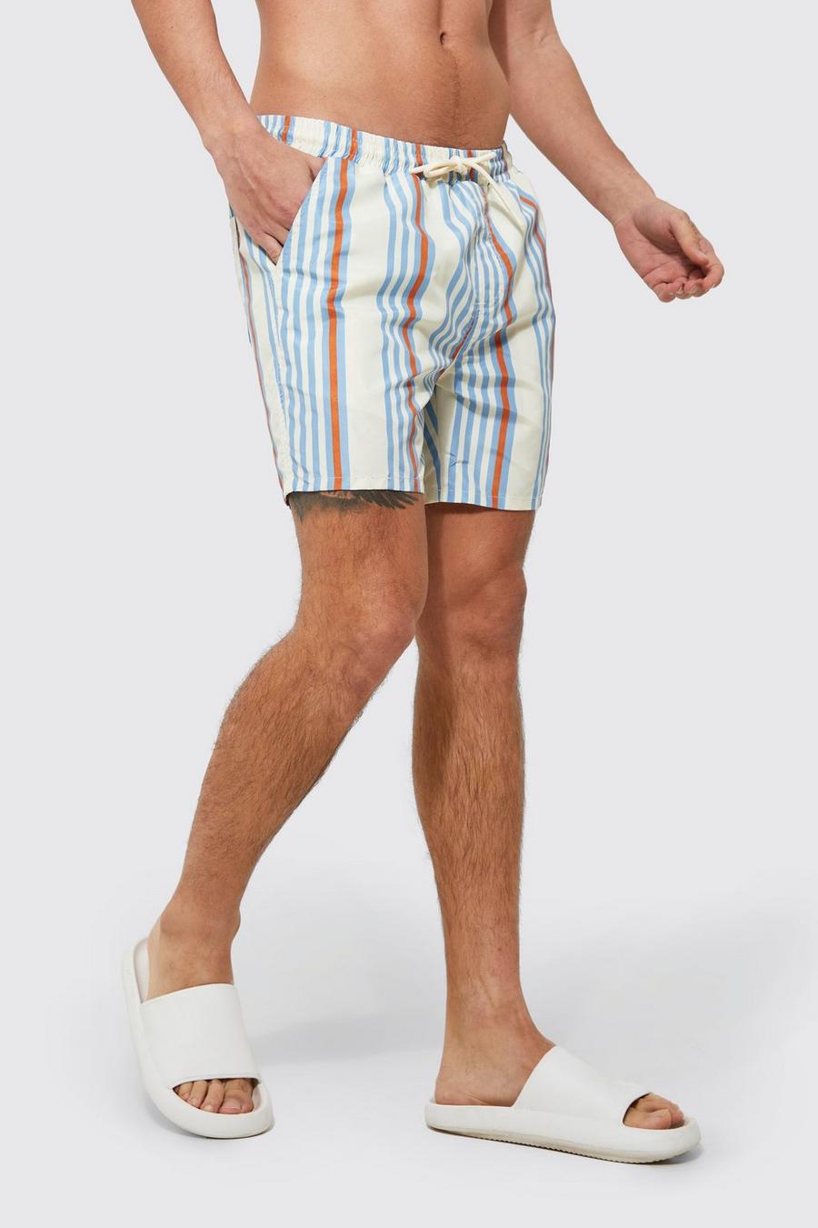 Ecru Multi Stripe Mid Length Swim Shorts image number 1