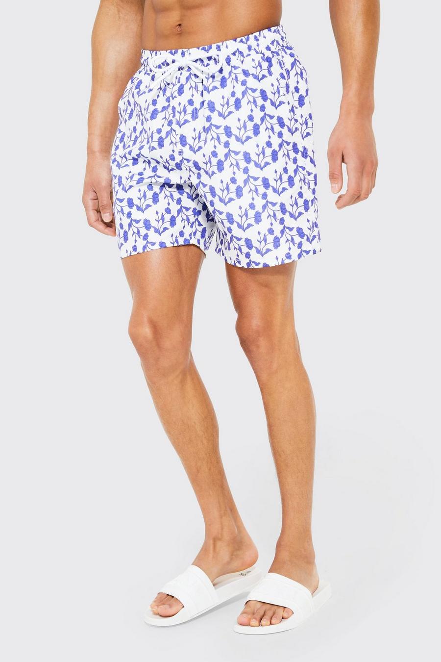 Blue Floral Print Mid Length Swim Shorts