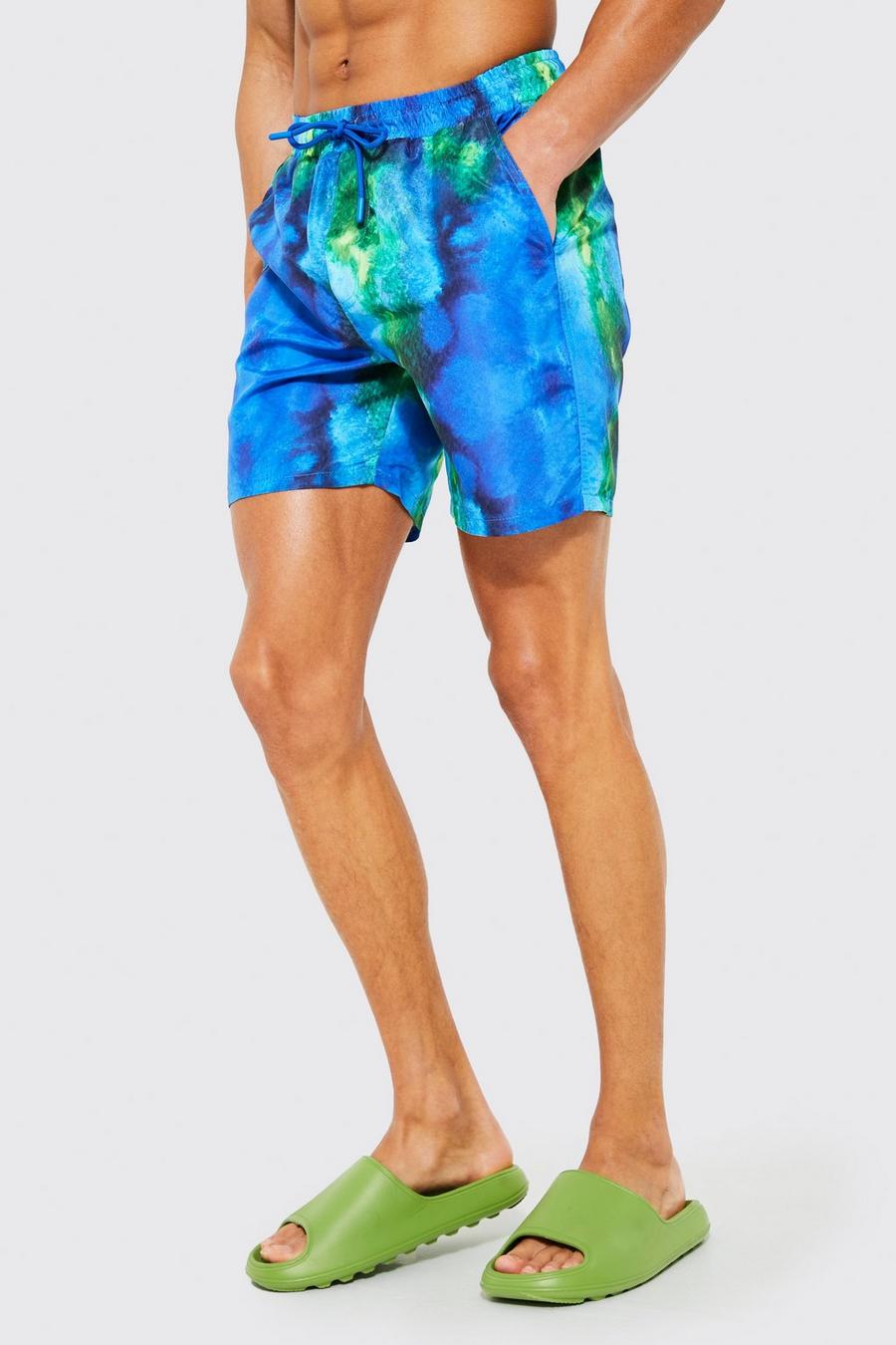 Blue Abstract Print Mid Length Swim Shorts image number 1