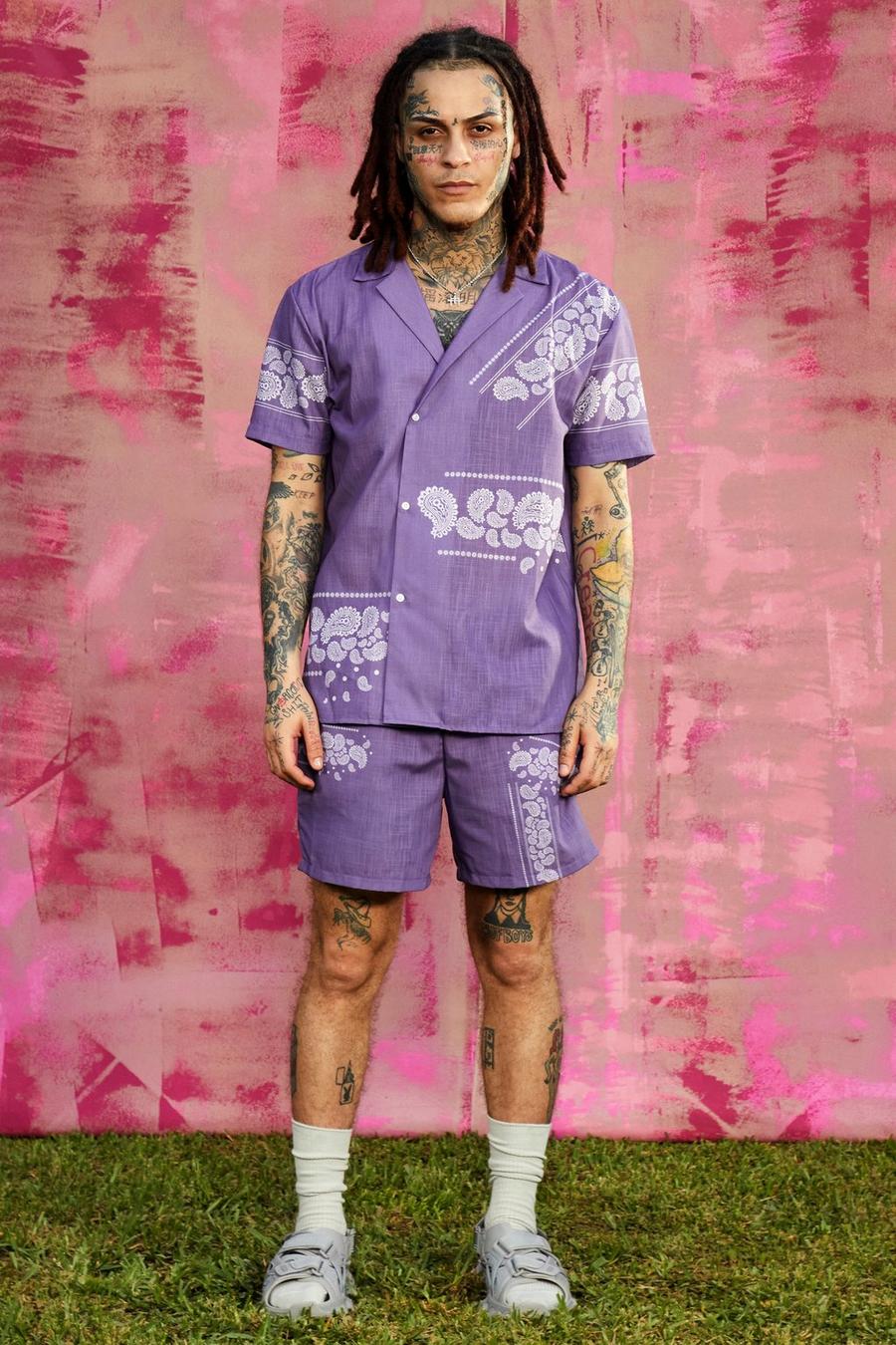 Purple Textured Bandana Wrap Shirt And Shorts Set image number 1