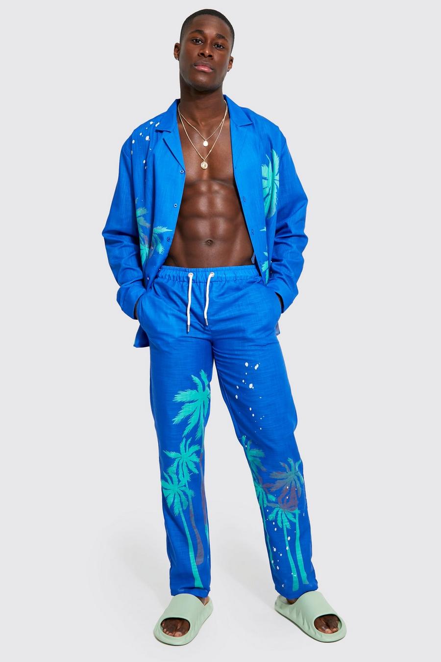 Pantalón y camisa texturizada oversize con estampado de palmeras, Cobalt image number 1