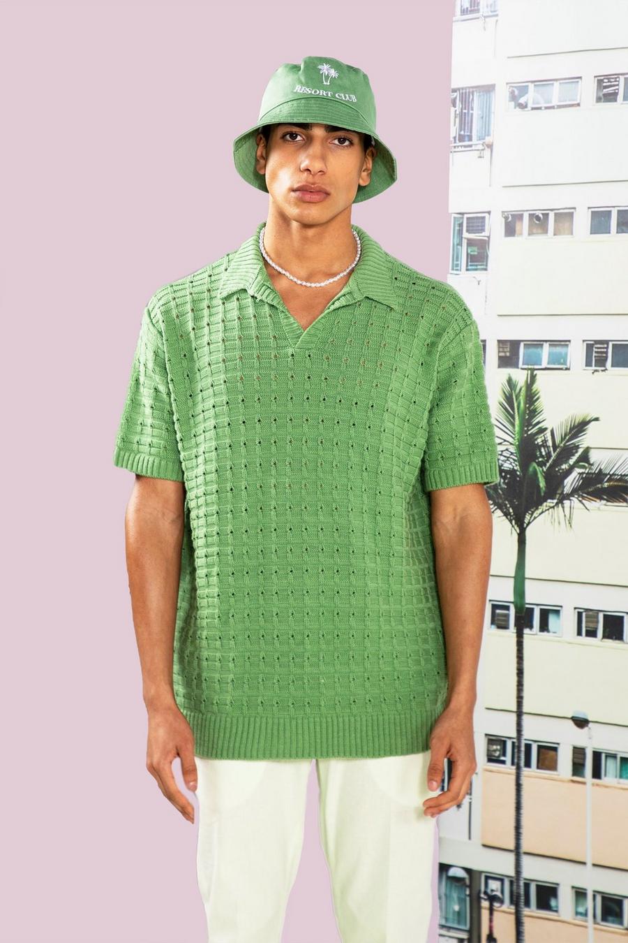 Green Chunky Knitted Open Stitch Polo image number 1